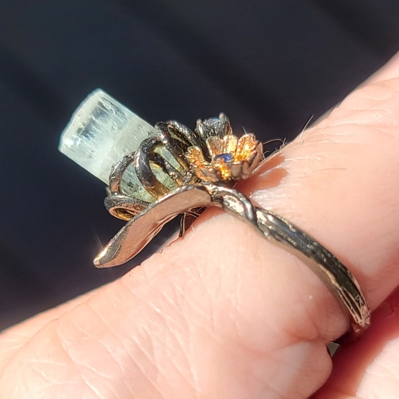 All Natural Aquamarine pillar Gemstone .925 Silver w/sapphire & Aquamarine sz8 - Picture 4 of 14